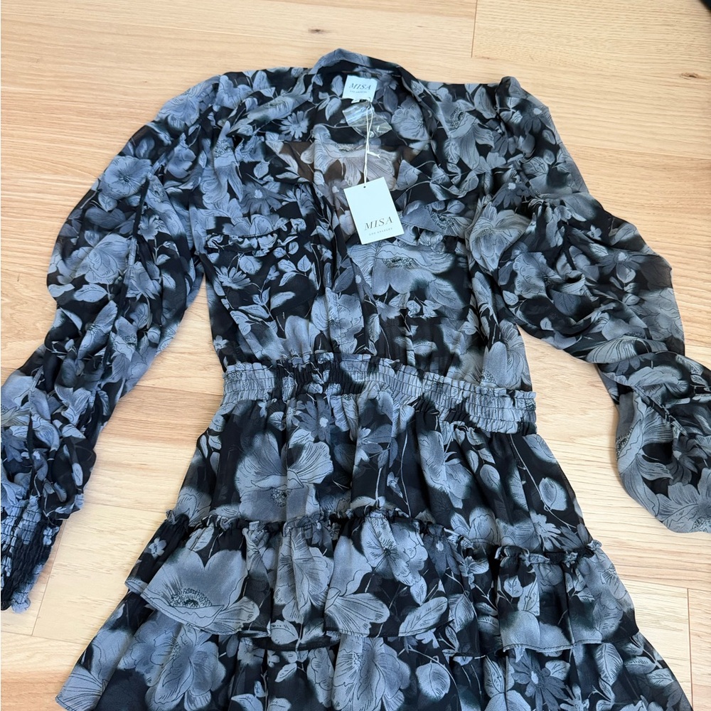 Misa Los Angeles Black & Gray Floral Long Sleeve Tiered Dress